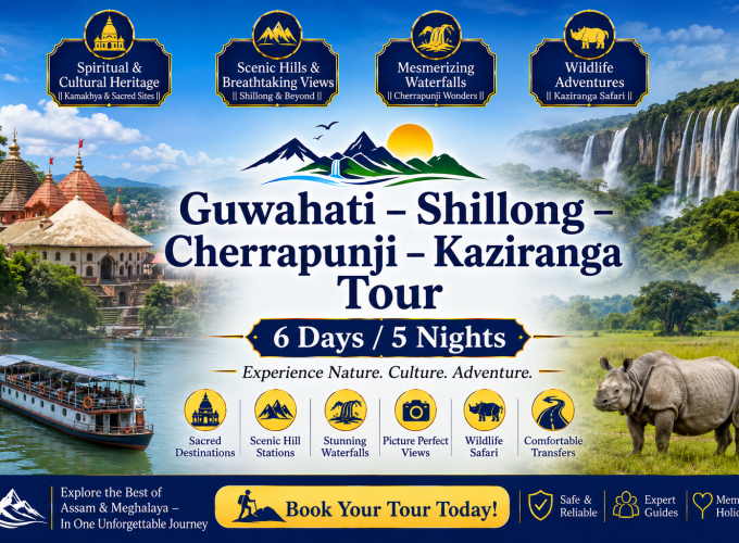 Guwahati – Shillong – Cherrapunji – Kaziranga Tour – 6 Days / 5 Nights