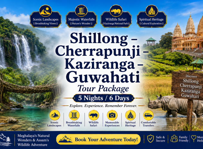 Shillong – Cherrapunji – Kaziranga – Guwahati Tour Package – 5 Nights / 6 Days